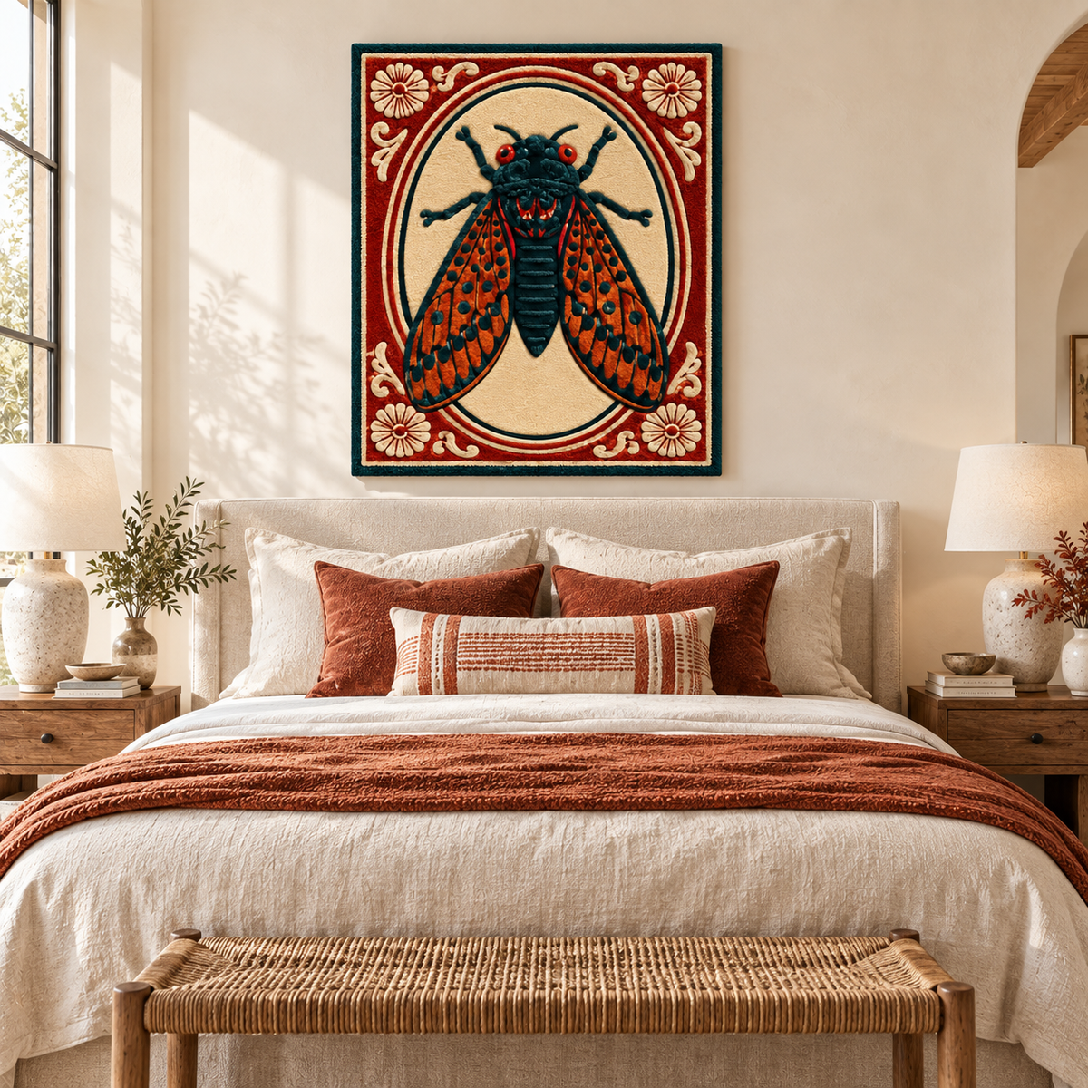 Hewn Earth wall art featuring a detailed crimson cameo with a cicada design, perfect for elegant home decor.