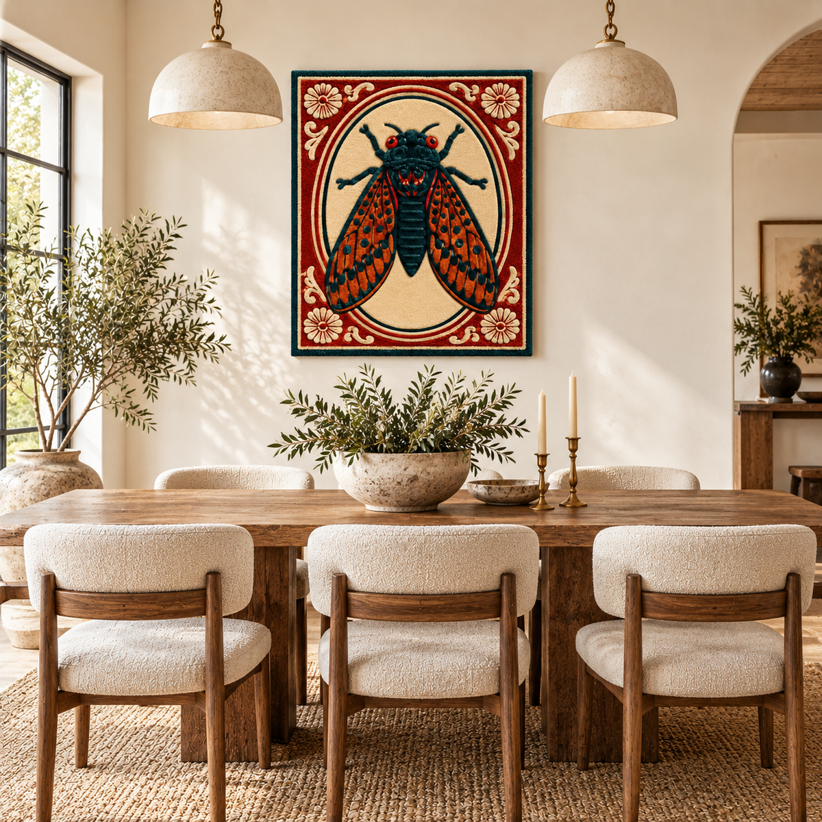 Hewn Earth wall art featuring a detailed crimson cameo with a cicada design, displayed in a room setting.