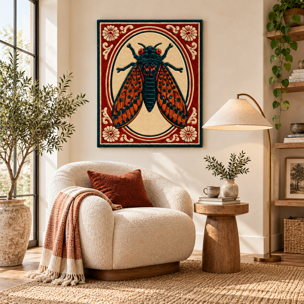 Hewn Earth wall art featuring a detailed crimson cameo with a cicada design, decorative wall decor for living spaces.