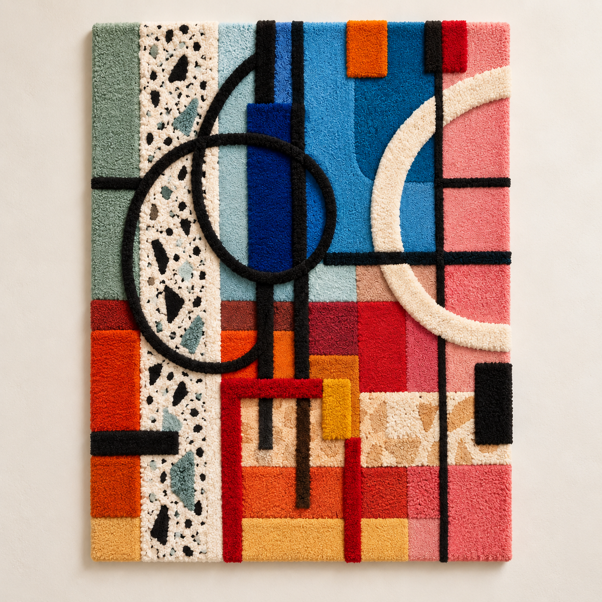 Hewn Earth wall art featuring colorful circles arranged across a city grid design on a light background.
