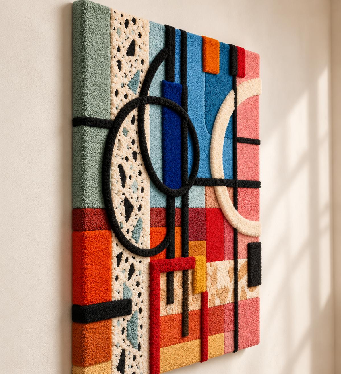 Colorful city grid wall art by Hewn Earth featuring overlapping circles in vibrant hues, modern geometric design.