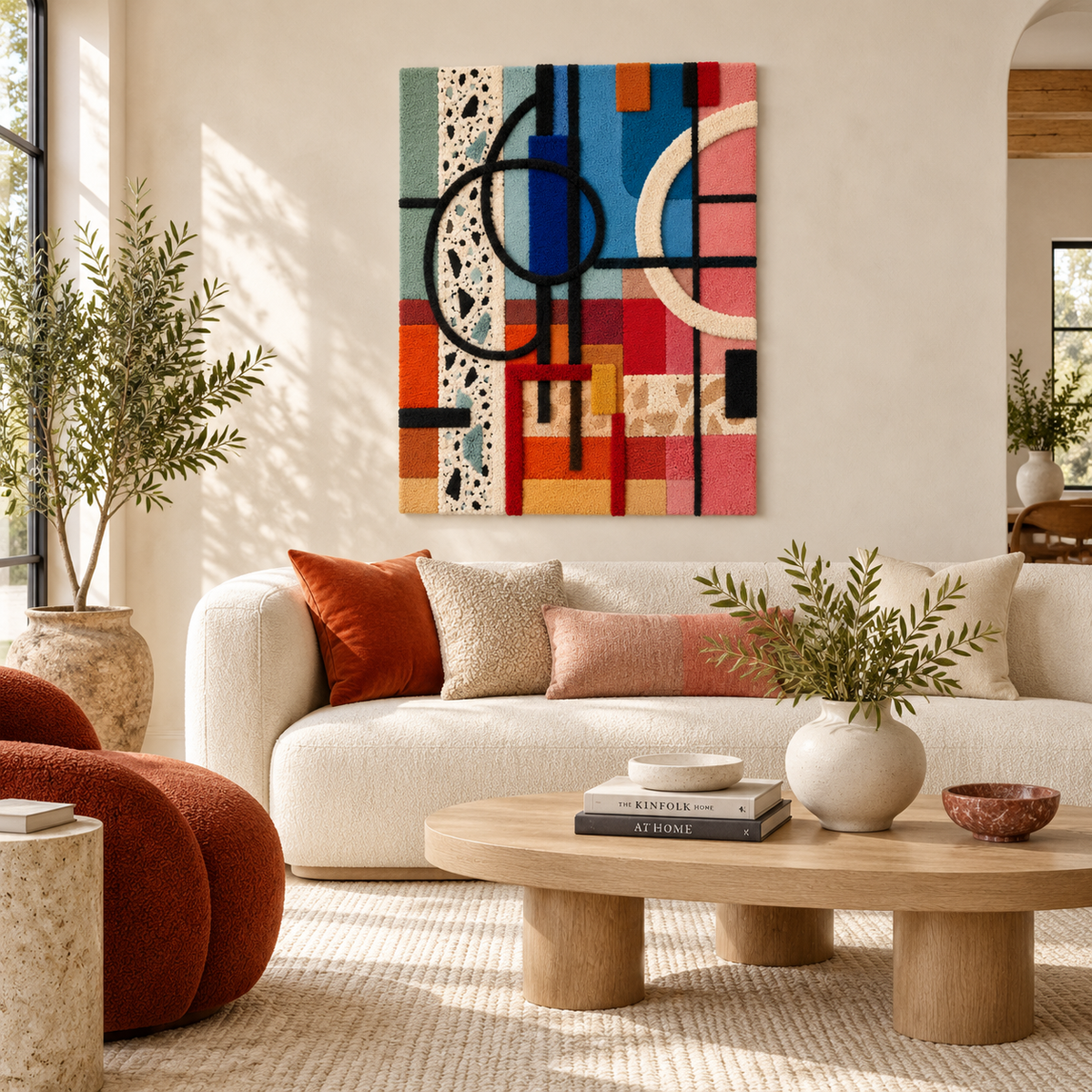 Colorful city grid wall art featuring circles in vibrant shades, by Hewn Earth, displayed in a modern room setting.