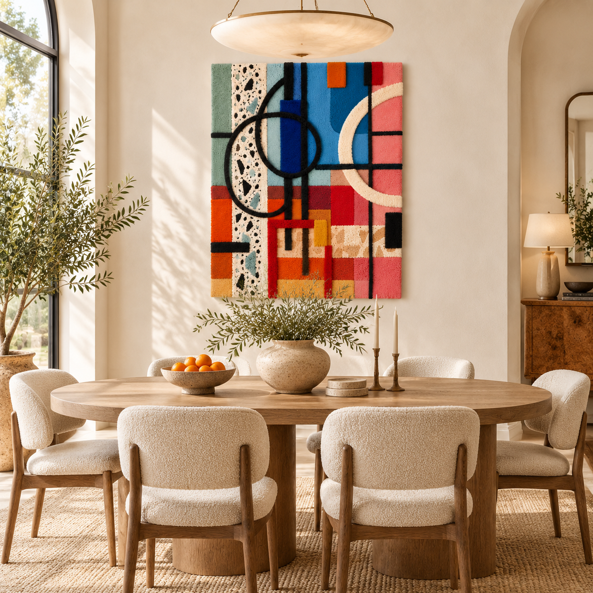 Colorful city grid wall art featuring circles by Hewn Earth, vibrant geometric design for modern home decor.