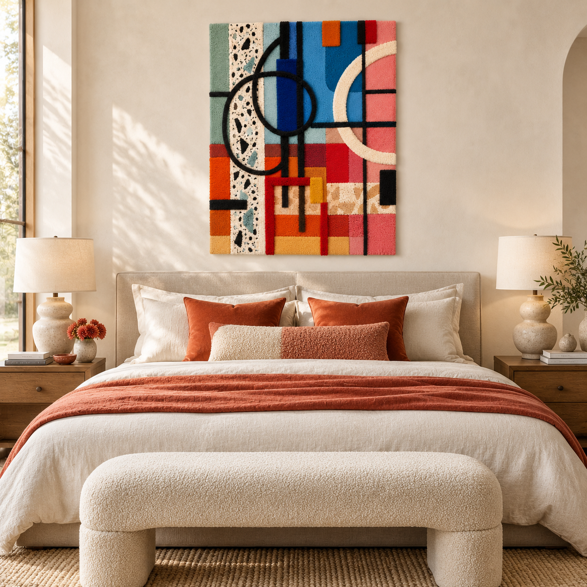 Colorful city grid wall art featuring circles by Hewn Earth, vibrant geometric design for modern interior decor.