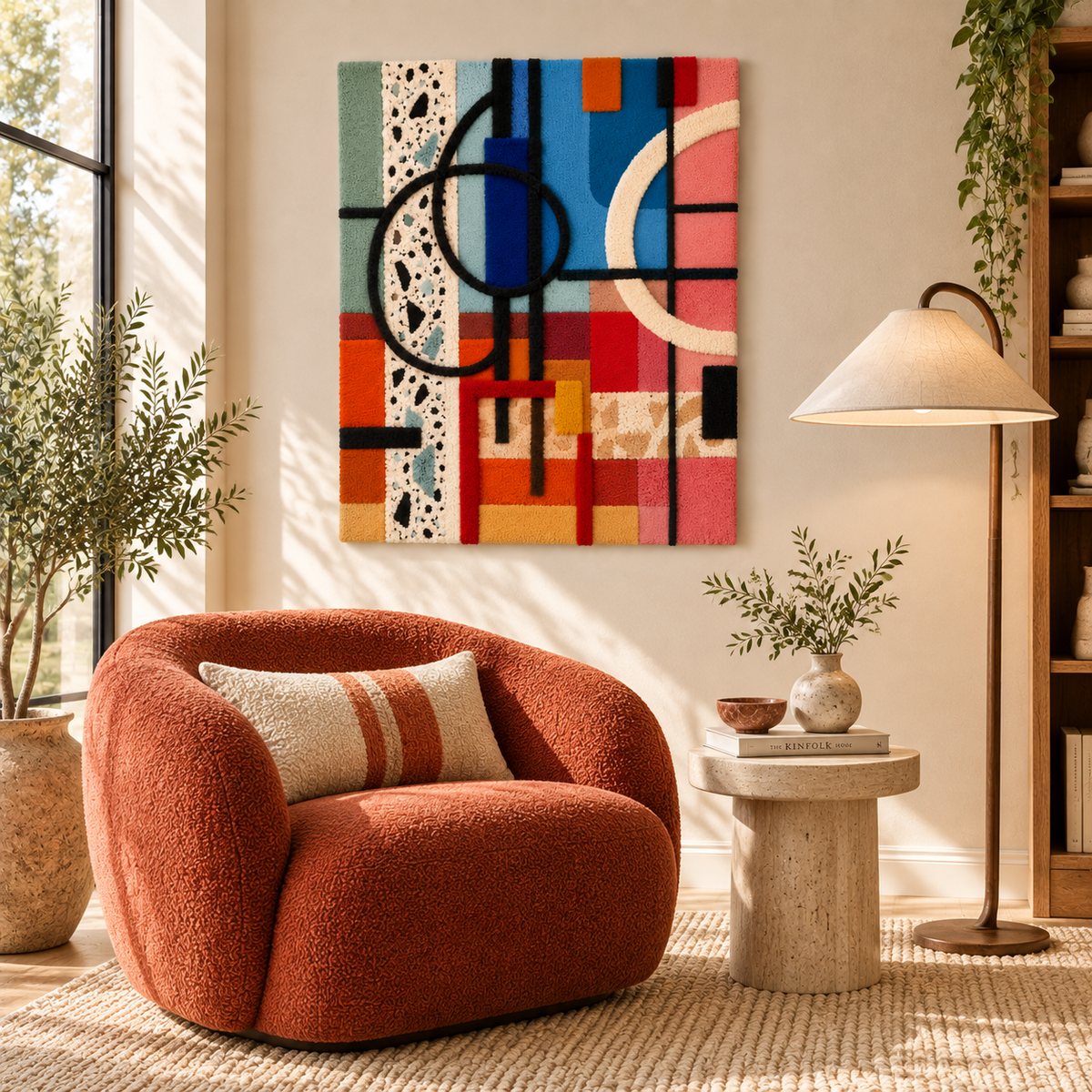Hewn Earth wall art featuring colorful circles arranged in a city grid design, perfect for modern home decor.