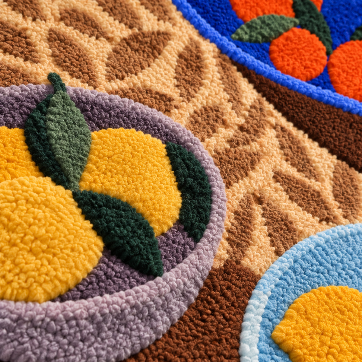 Citrus Bowls on a Leafprint Table — tufted wool texture detail