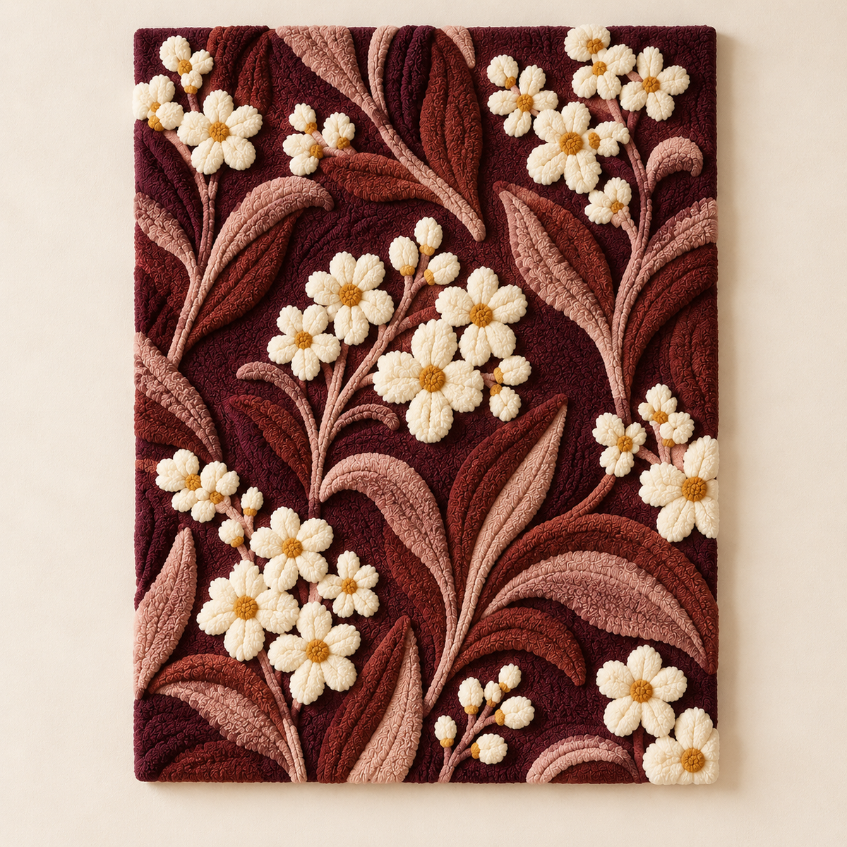 Hewn Earth Claret Meadow Blossom Trails wall art featuring vibrant floral meadow scene with blooming flowers and lush greenery.