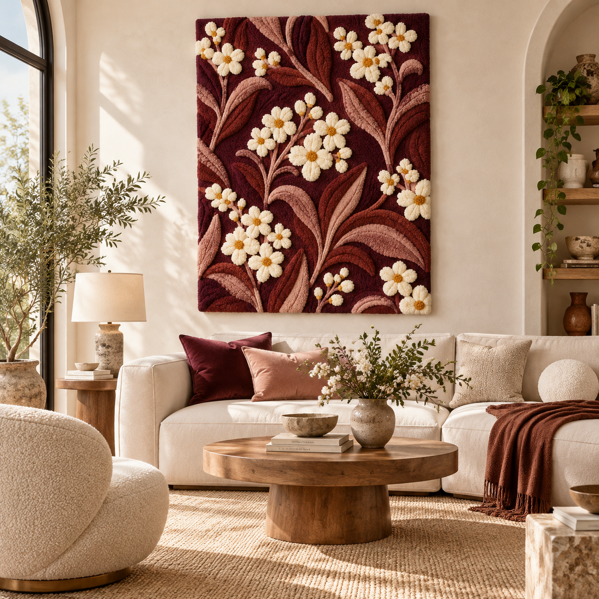 Hewn Earth Claret Meadow Blossom Trails wall art depicting a vibrant meadow scene with blooming flowers and greenery.