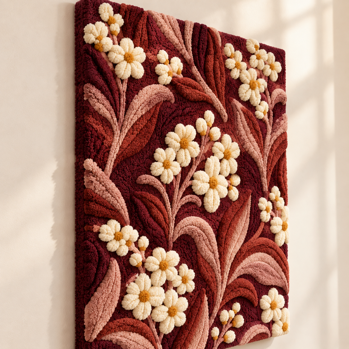 Hewn Earth Claret Meadow Blossom Trails wall art featuring vibrant meadow flowers and scenic trail scene in a natural setting.