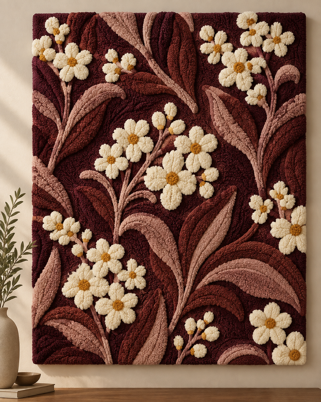 Hewn Earth Claret Meadow Blossom Trails wall art featuring a scenic meadow with blooming flowers and lush greenery.