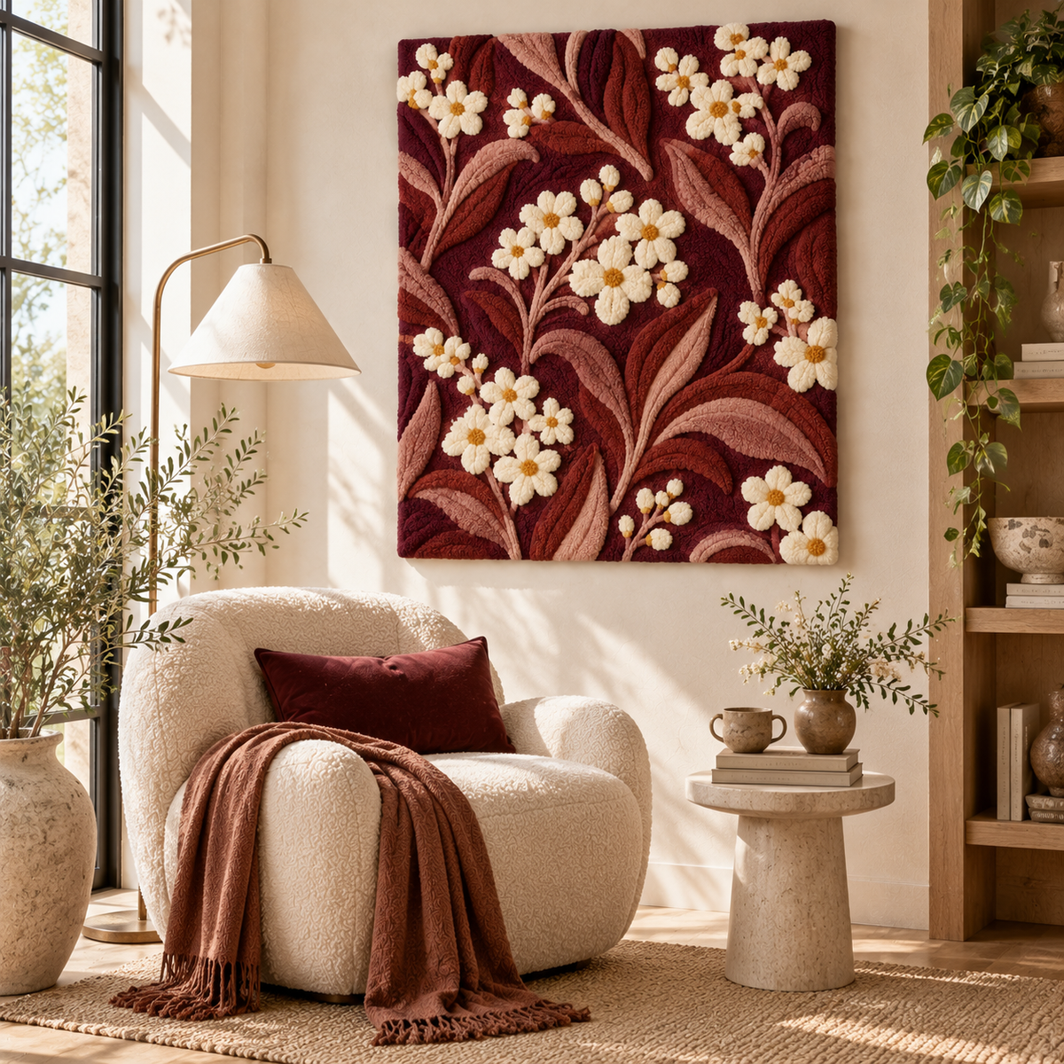 Hewn Earth Claret Meadow Blossom Trails wall art hanging in a room with neutral decor and natural sunlight.