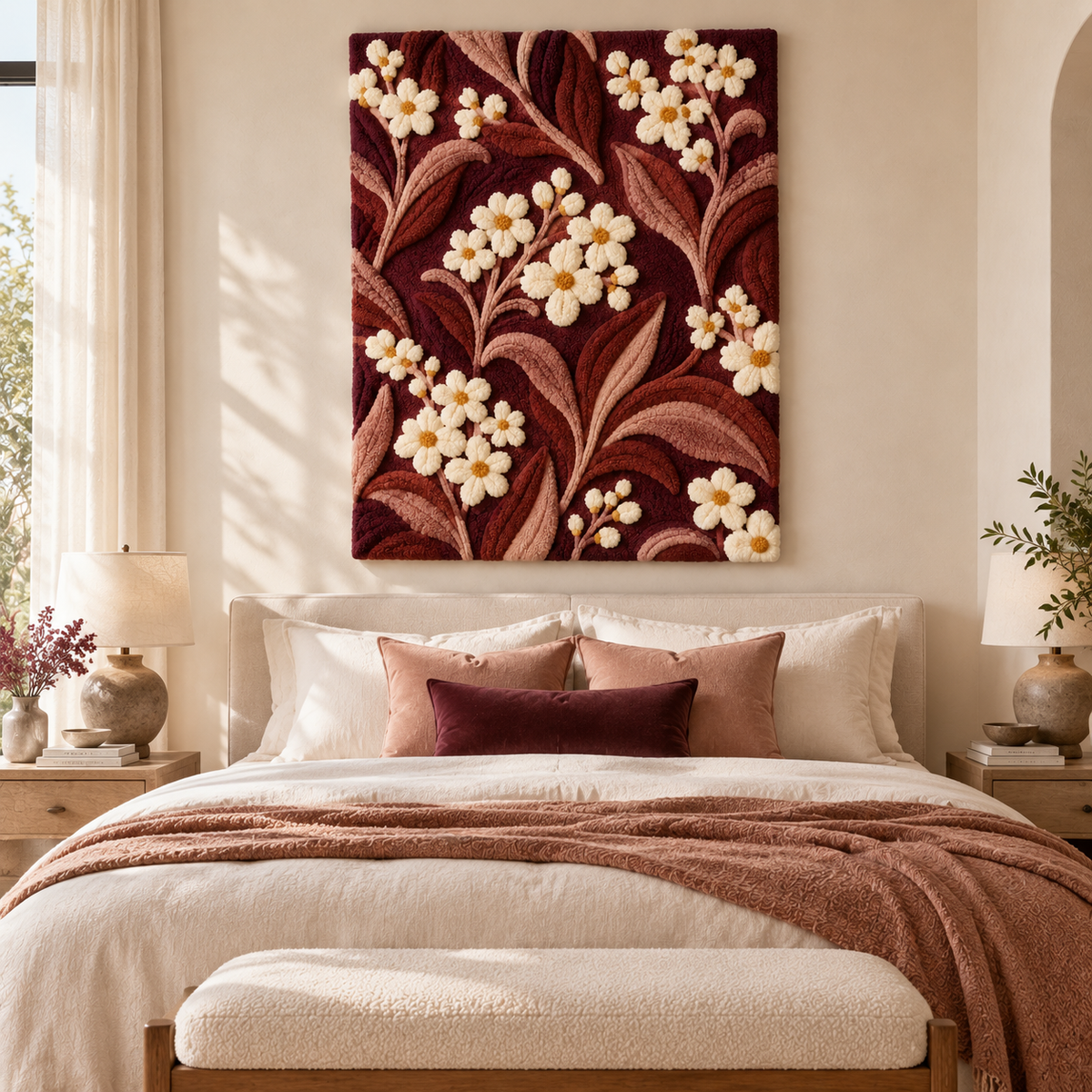 Hewn Earth Claret Meadow Blossom Trails wall art hanging in a room, showcasing vibrant floral and landscape details.