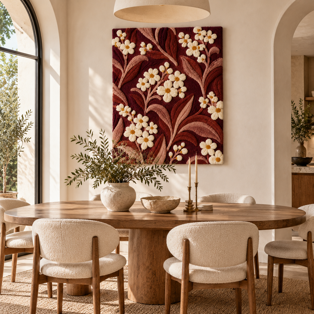 Hewn Earth Claret Meadow Blossom Trails wall art displayed in a room scene, showcasing vibrant floral and meadow scenery.