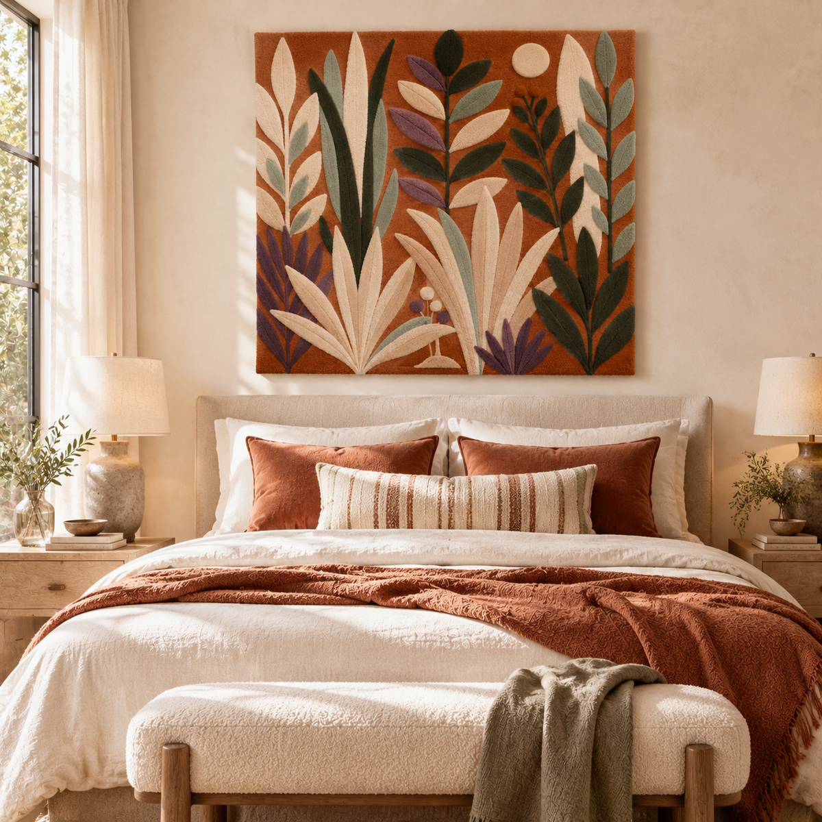 Hewn Earth Clay Botanical Moonrise wall art displayed in a room, featuring earthy tones and botanical design on a wall.