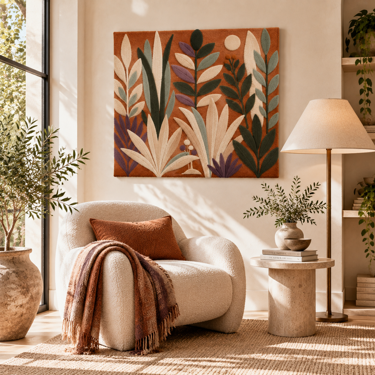 Clay Botanical Moonrise wall art by Hewn Earth, featuring intricate botanical designs in earthy tones displayed in a room scene.