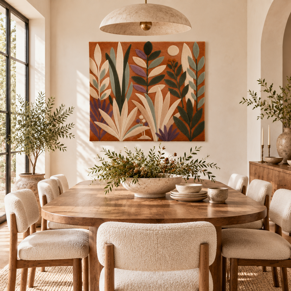 Hewn Earth Clay Botanical Moonrise wall art displayed on a wall with plant decor in a room scene.