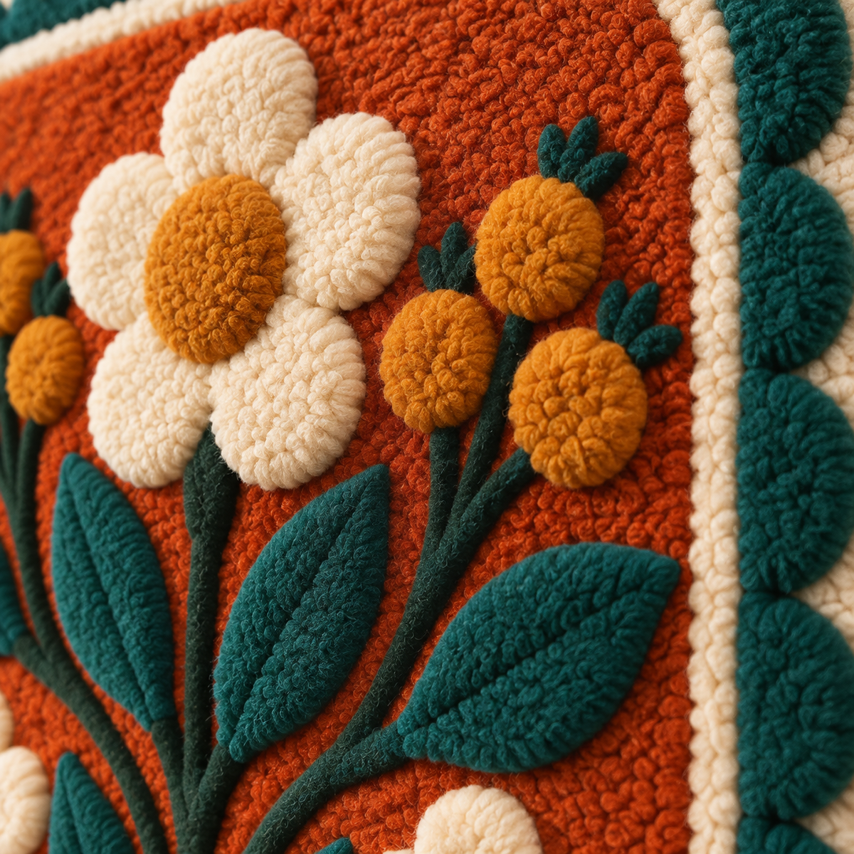 Clay Field Daisies — tufted wool texture detail