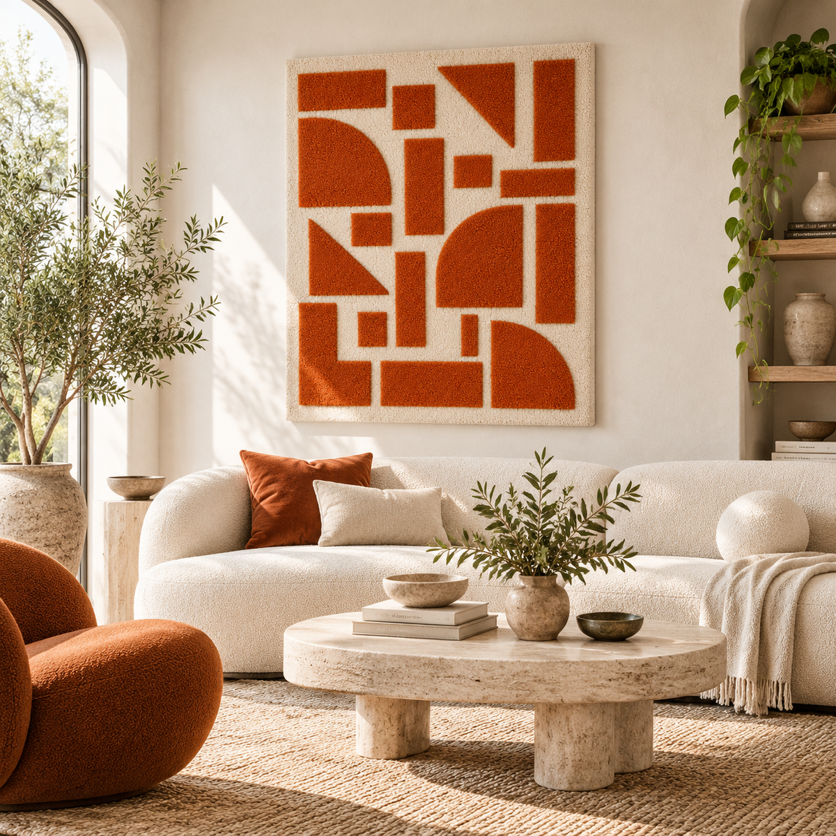 Clay Geometry in Ivory Channels — front-facing room scene [room-front]
