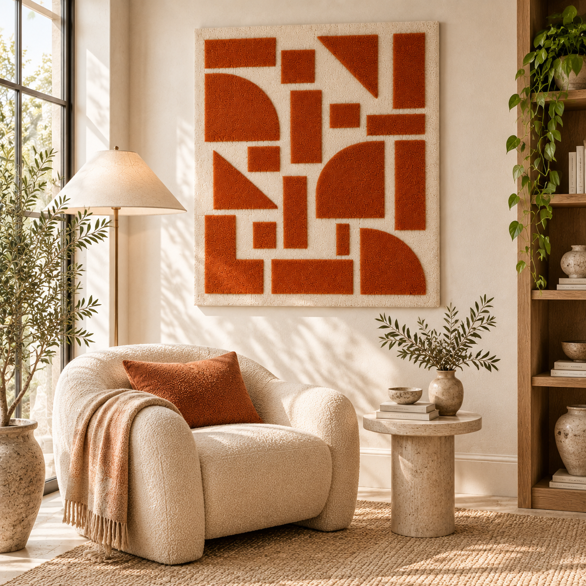 Clay Geometry in Ivory Channels — front-facing room scene [room-front]