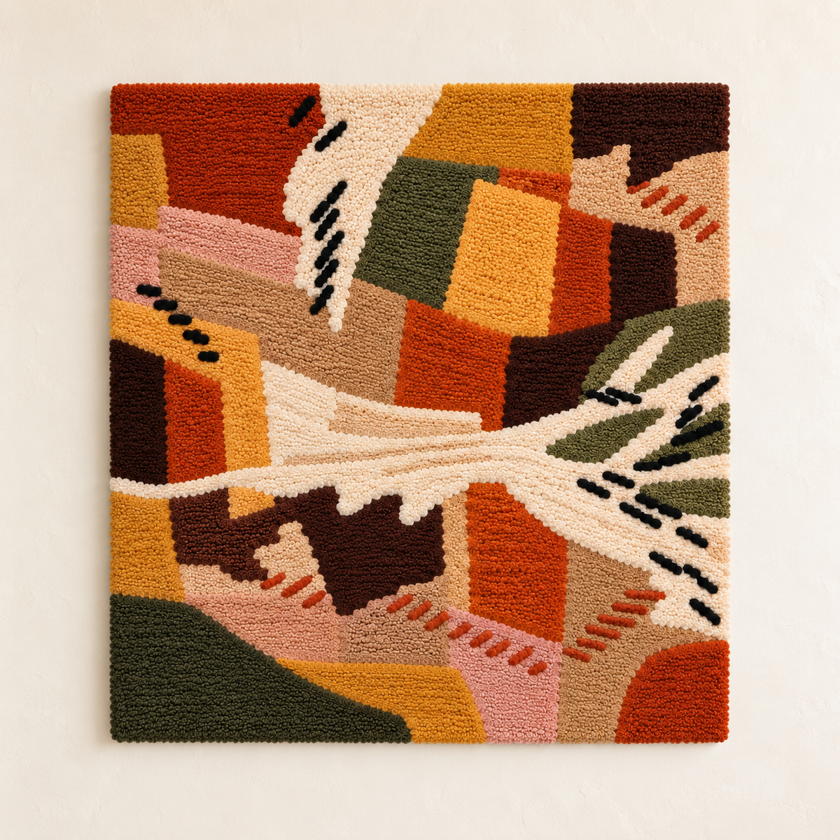 Hewn Earth Clay Patchwork Passage wall art featuring textured, earthy clay tiles arranged in a geometric pattern.