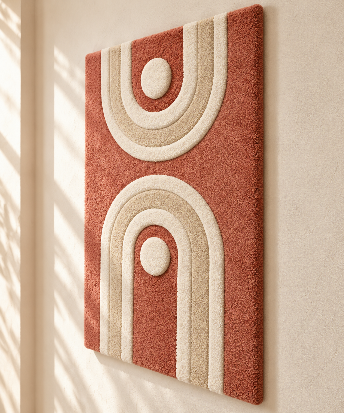 Hewn Earth clay twin arch portals wall art featuring two arch-shaped clay structures with textured surfaces and earthy tones.