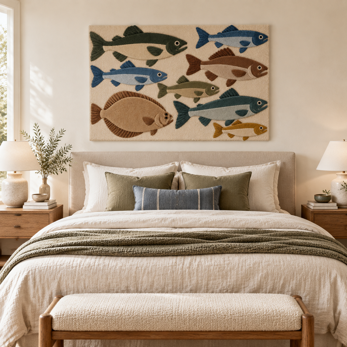 Hewn Earth Coastal Fish Sampler wall art displayed in a room, showcasing colorful coastal fish illustrations on a textured canvas.