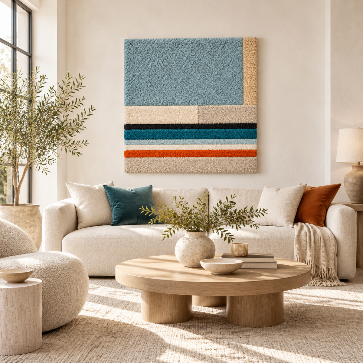 Hewn Earth Coastal Stripe Study wall art featuring blue and beige coastal-inspired stripes on a room-facing canvas.