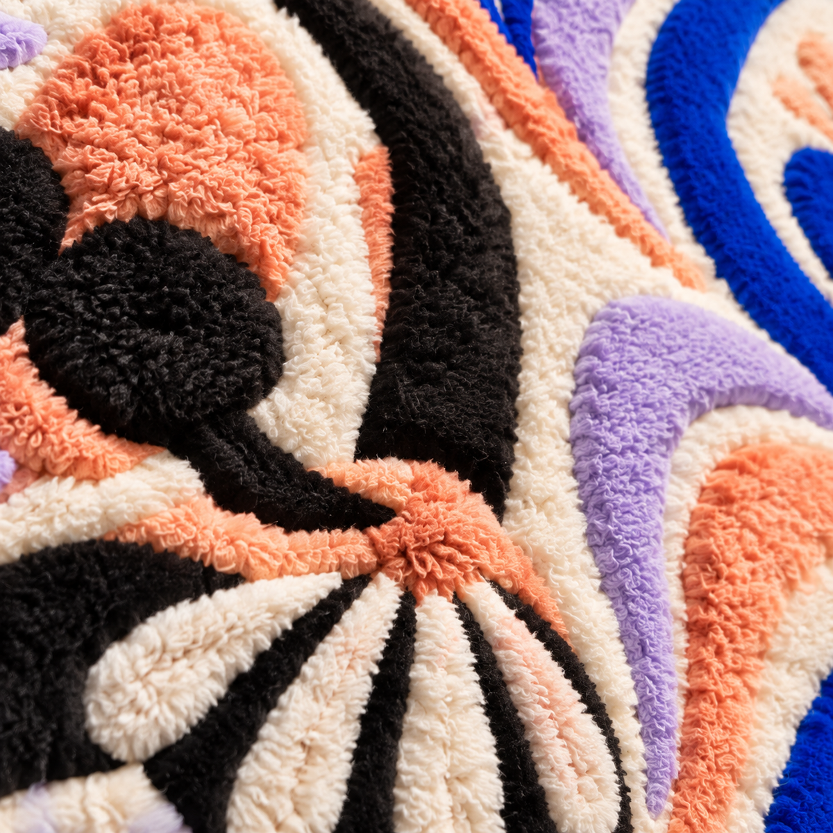 Cobalt and Coral Dance — tufted wool texture detail