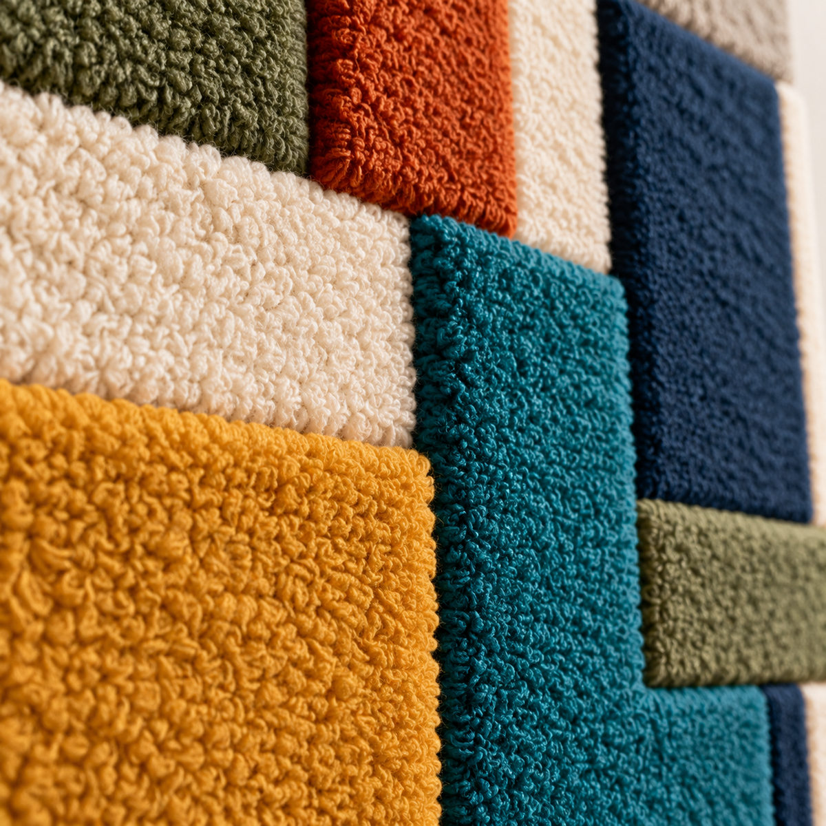 Cobalt and Ochre Stacked Planes — tufted wool texture detail