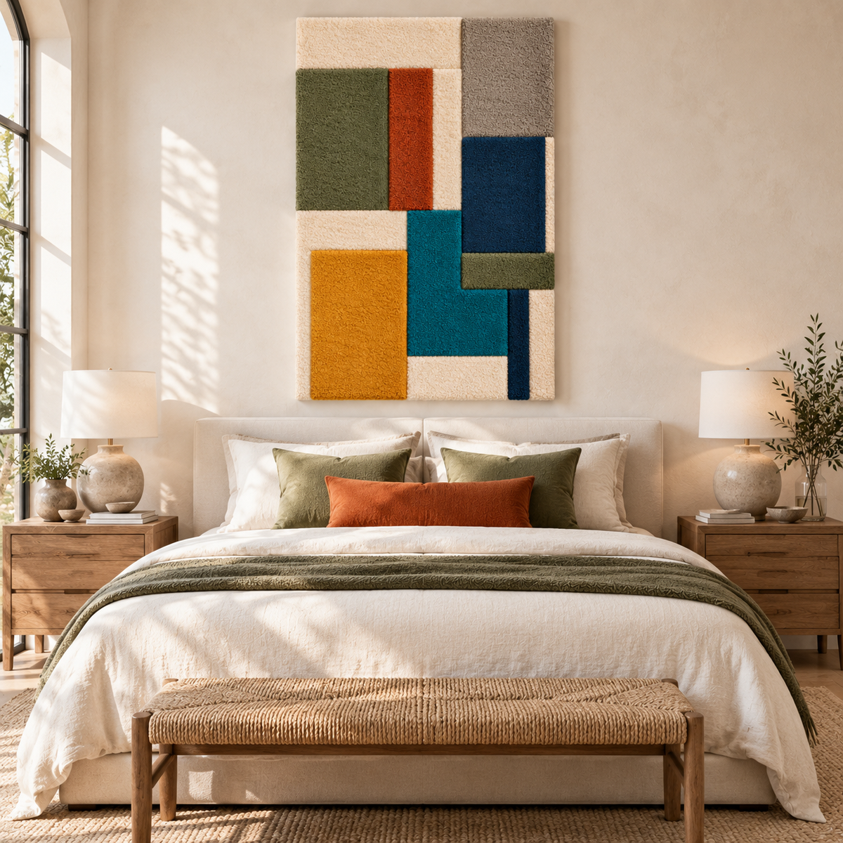 Cobalt and Ochre Stacked Planes — front-facing room scene [room-front]