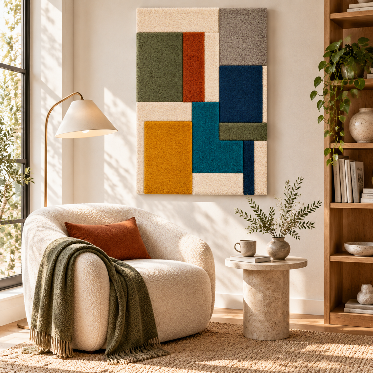 Cobalt and Ochre Stacked Planes — front-facing room scene [room-front]