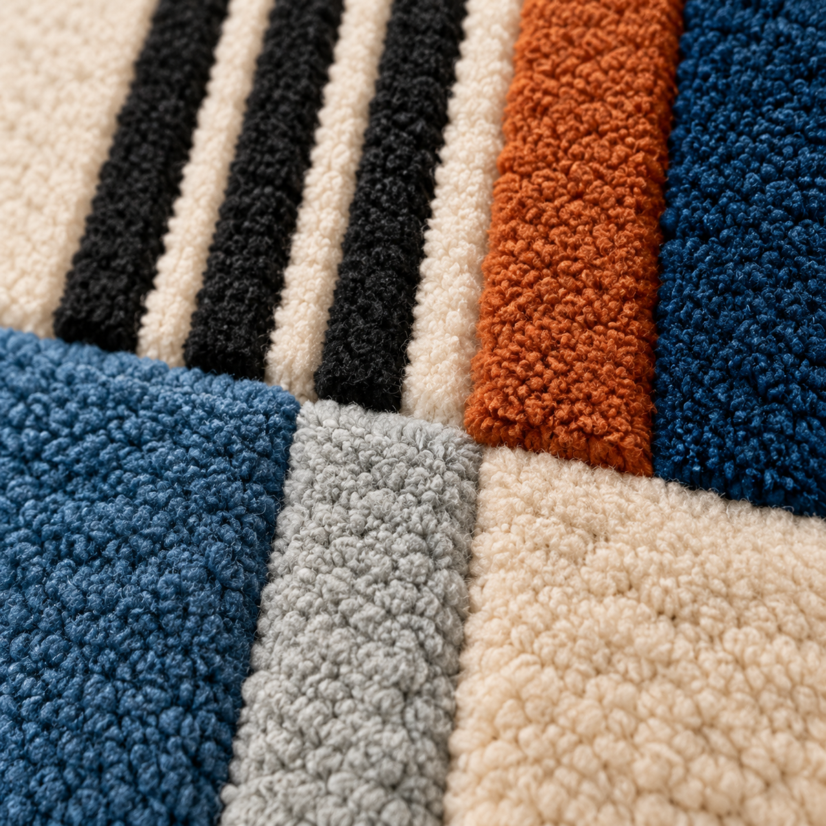 Cobalt and Rust Grid — tufted wool texture detail