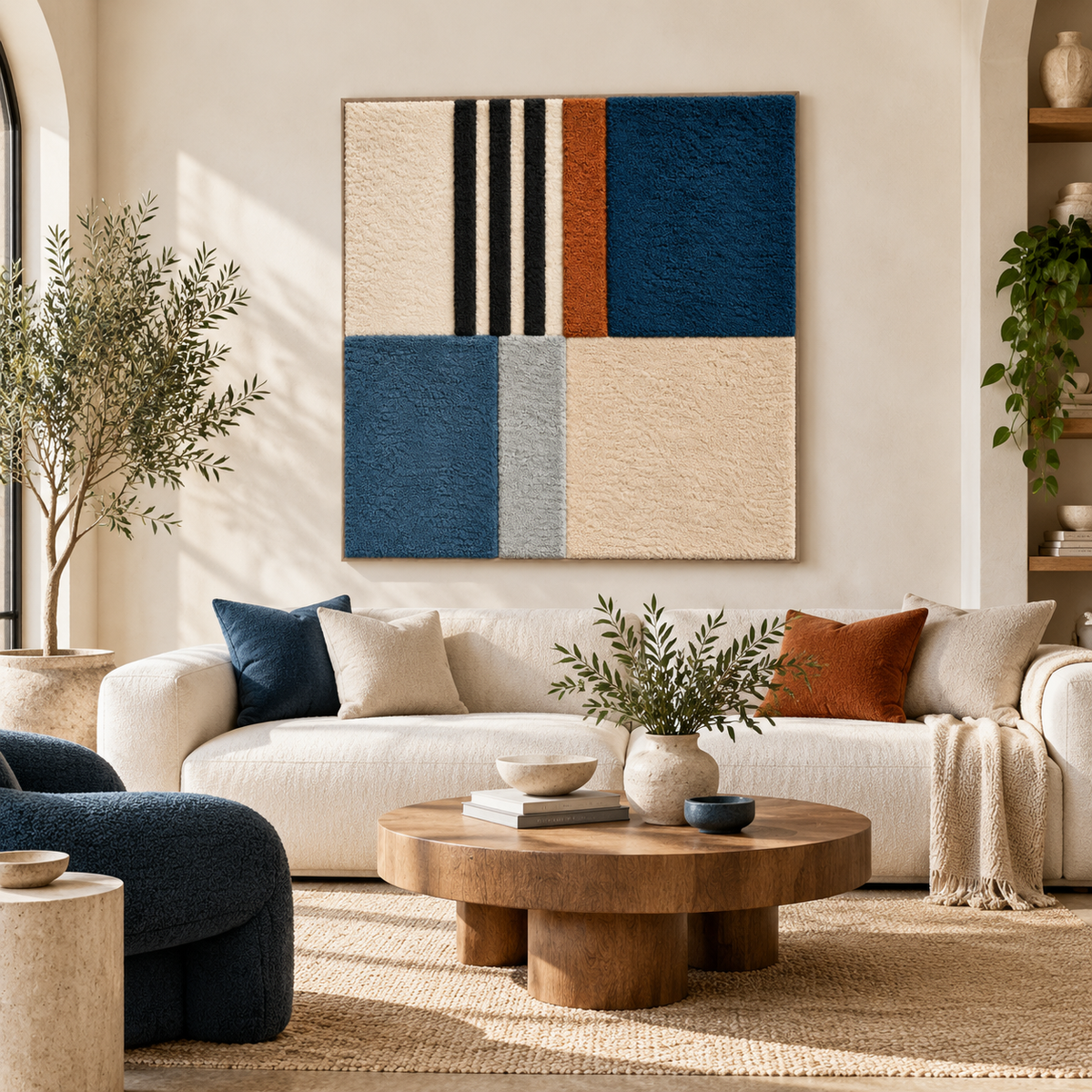 Cobalt and Rust Grid — front-facing room scene [room-front]