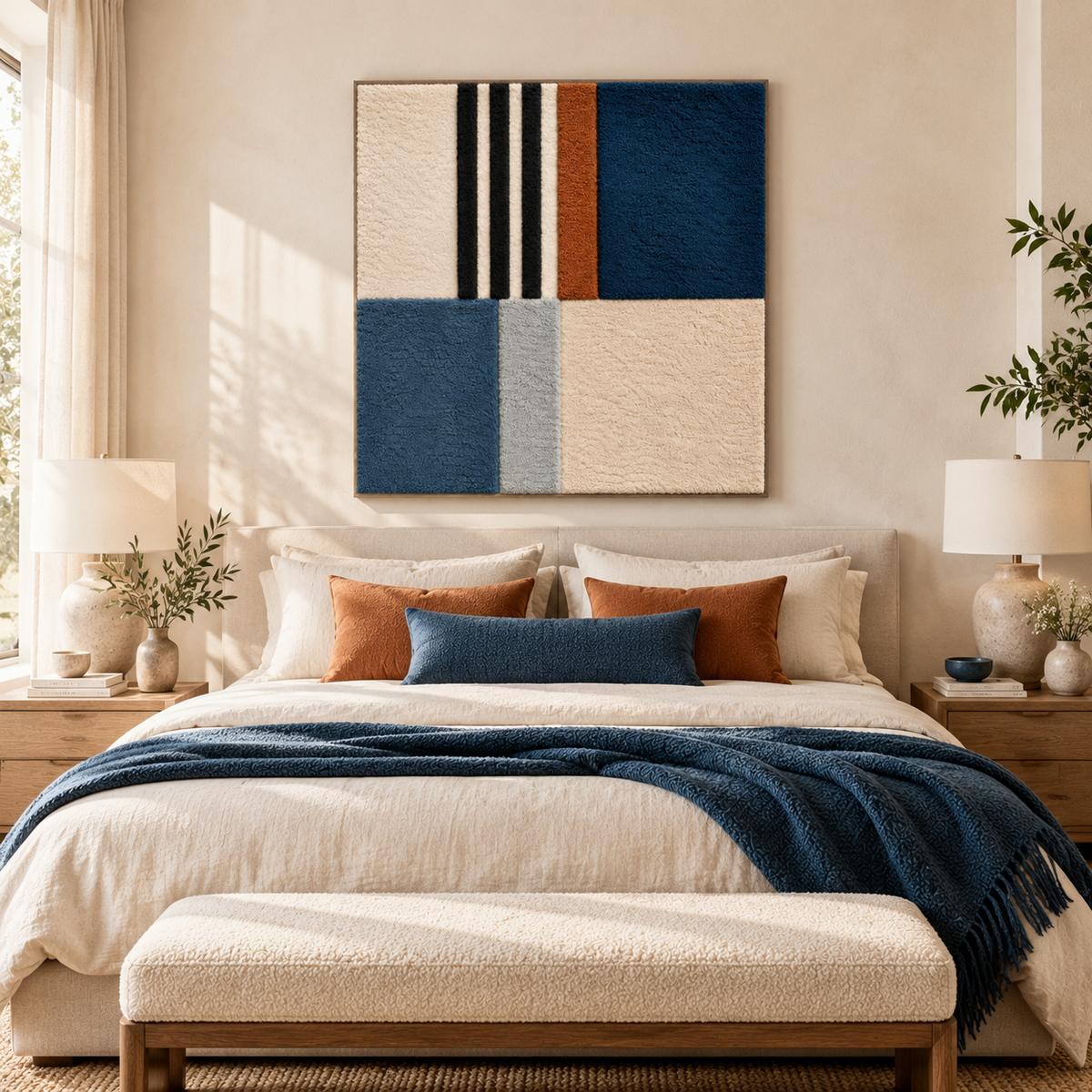 Cobalt and Rust Grid — front-facing room scene [room-front]