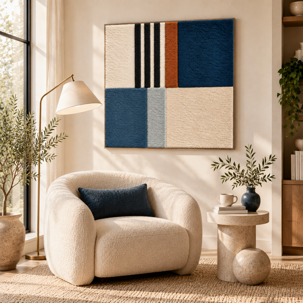Cobalt and Rust Grid — front-facing room scene [room-front]