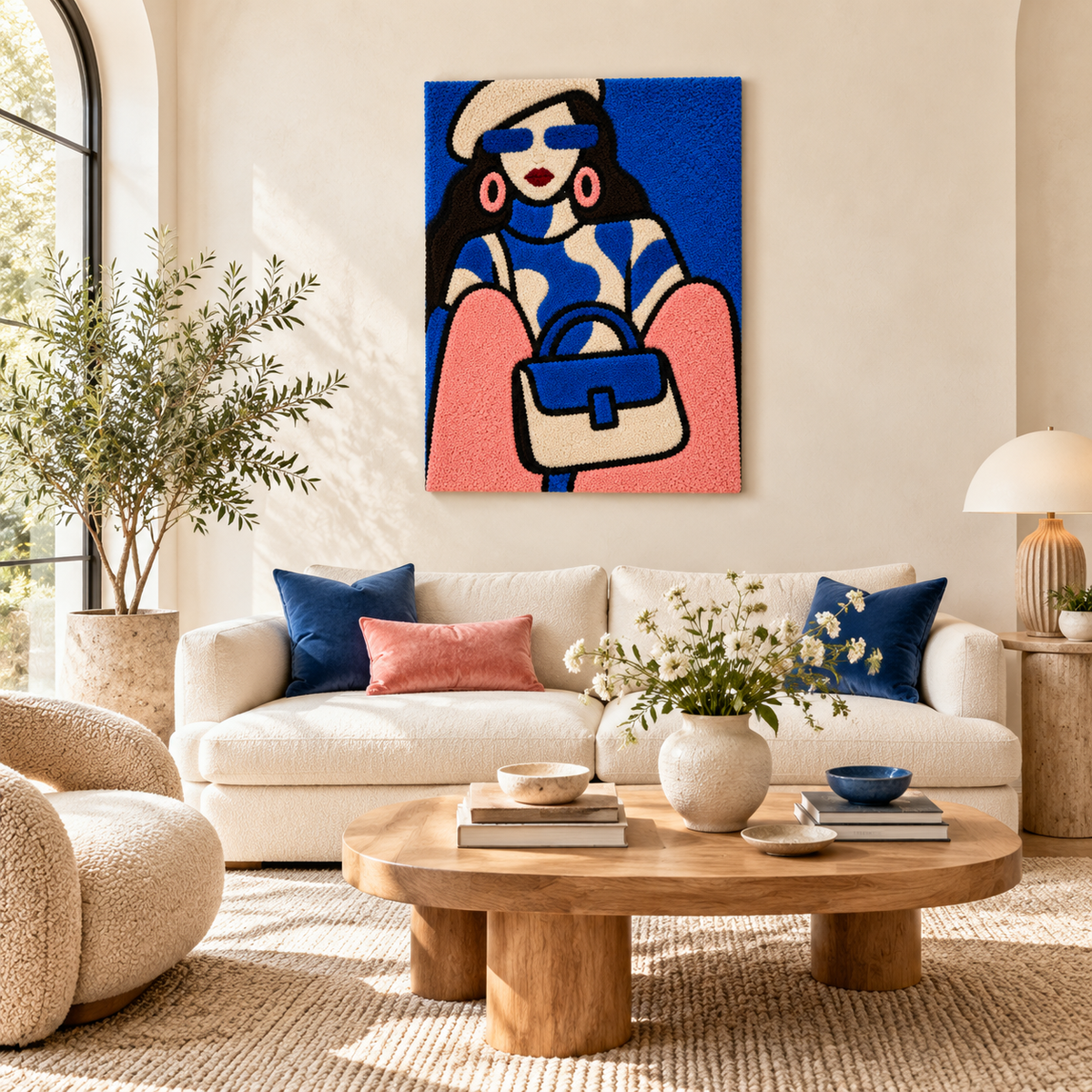 Hewn Earth cobalt beret wall art with blush sleeves, modern abstract wall decor for contemporary interior spaces.