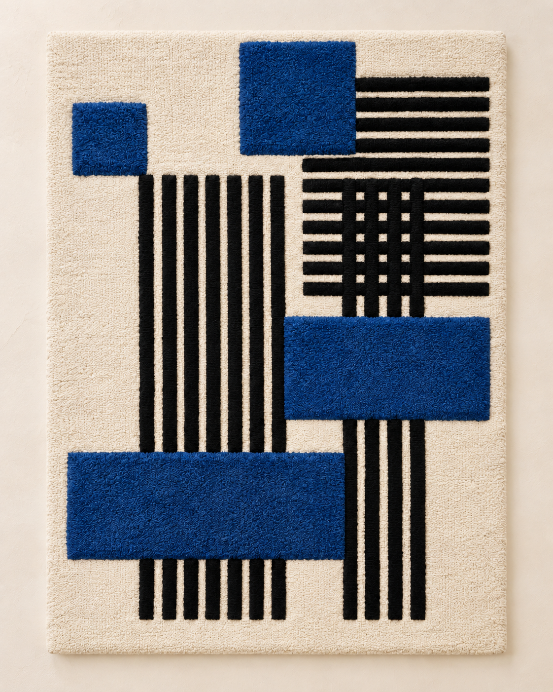 Hewn Earth wall art featuring cobalt blocks and black pinstripes with modern, geometric design on a light background.