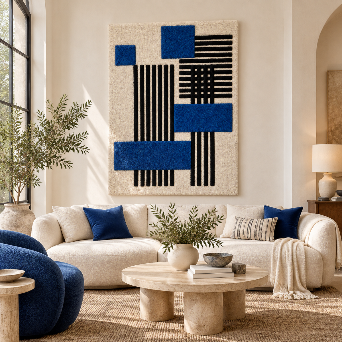 Hewn Earth wall art featuring cobalt blocks and black pinstripes, modern abstract design for contemporary interior decor.