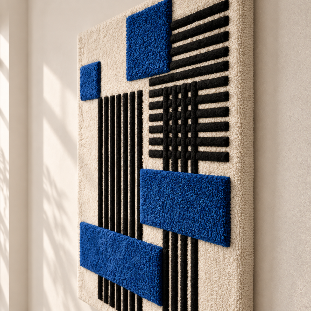 Hewn Earth wall art featuring cobalt blocks and black pinstripes with an angled view, showcasing modern abstract design.