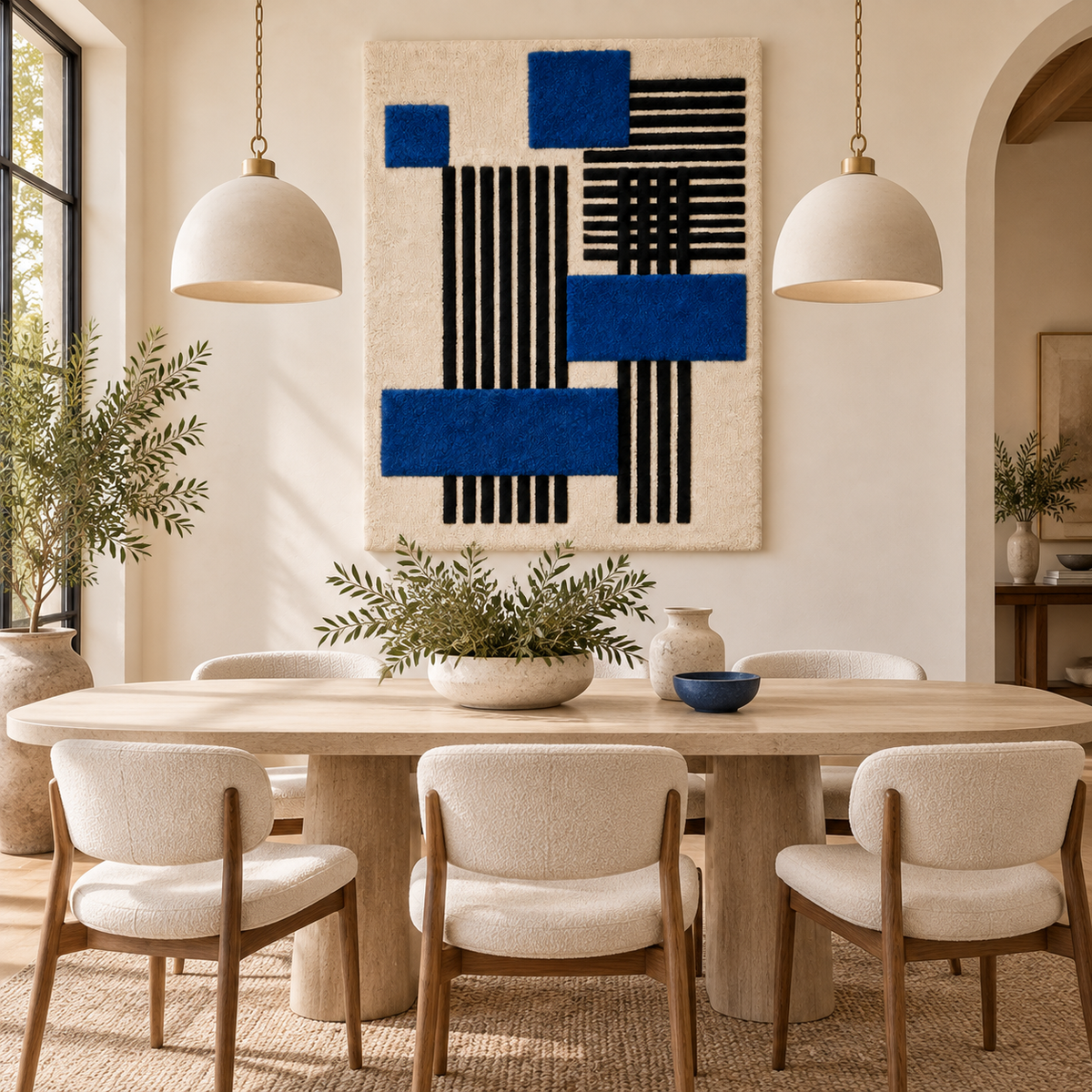 Hewn Earth wall art featuring cobalt blocks and black pinstripes in a modern room scene.