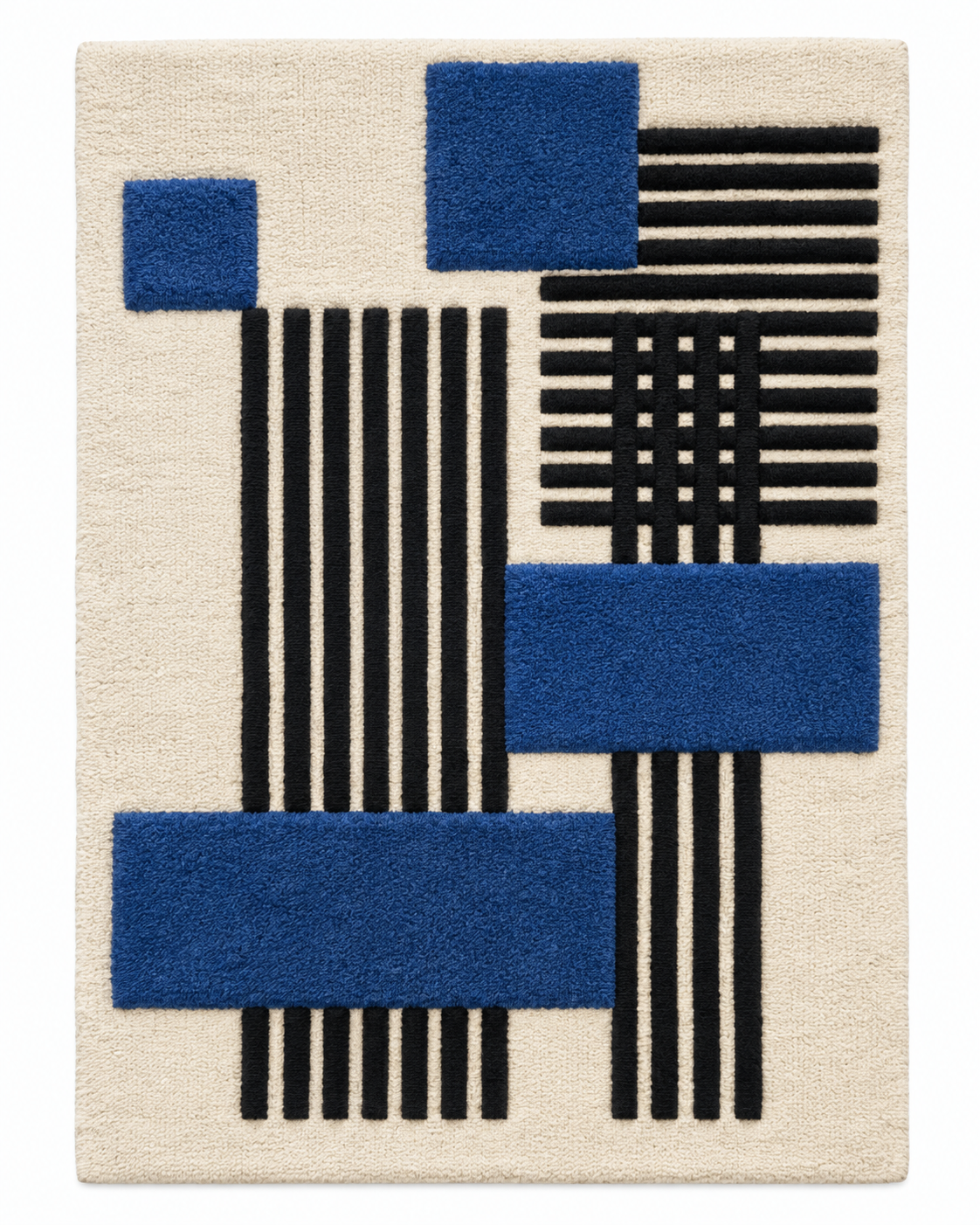 Hewn Earth wall art featuring cobalt blocks and black pinstripes with modern geometric design.