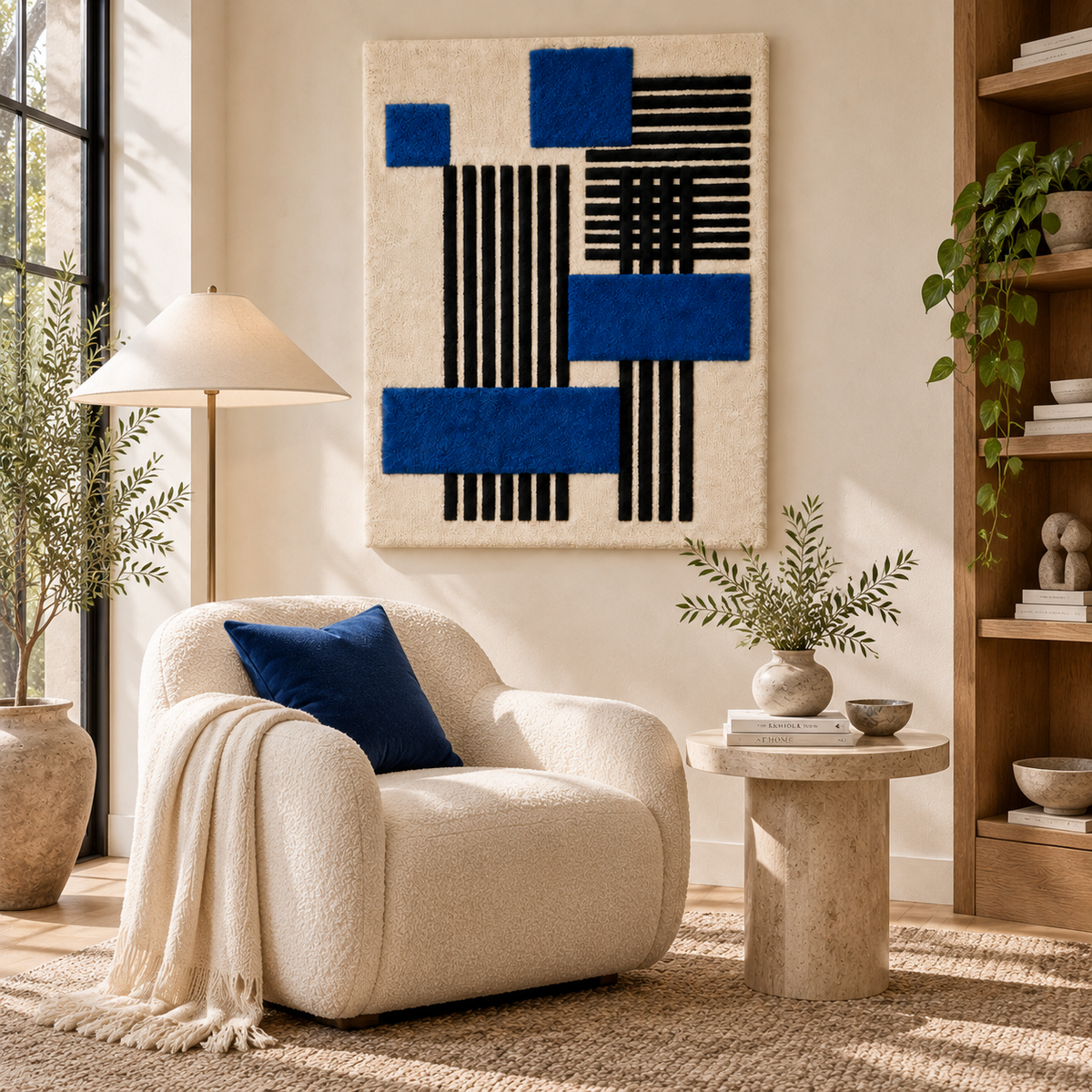 Hewn Earth wall art featuring cobalt blocks and black pinstripes displayed in a modern room scene.