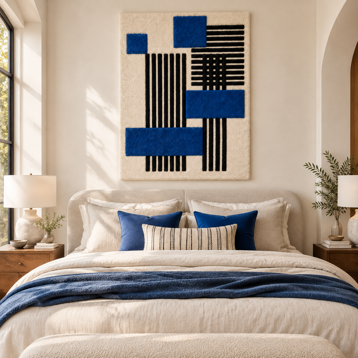 Hewn Earth wall art featuring cobalt blocks and black pinstripes displayed in a modern room decor scene