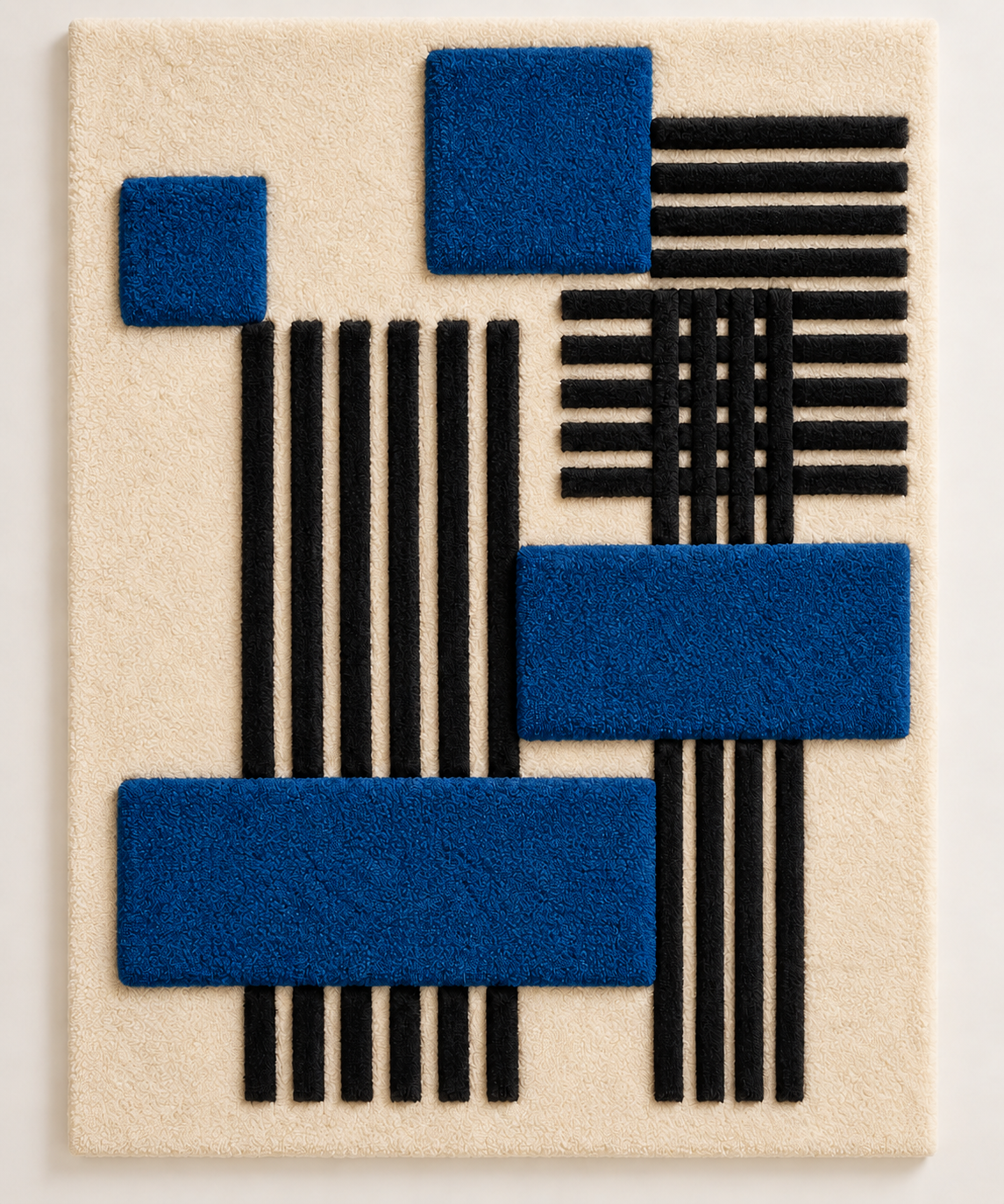 Cobalt Blocks wall art by Hewn Earth featuring vibrant cobalt blue geometric blocks over black striped background.