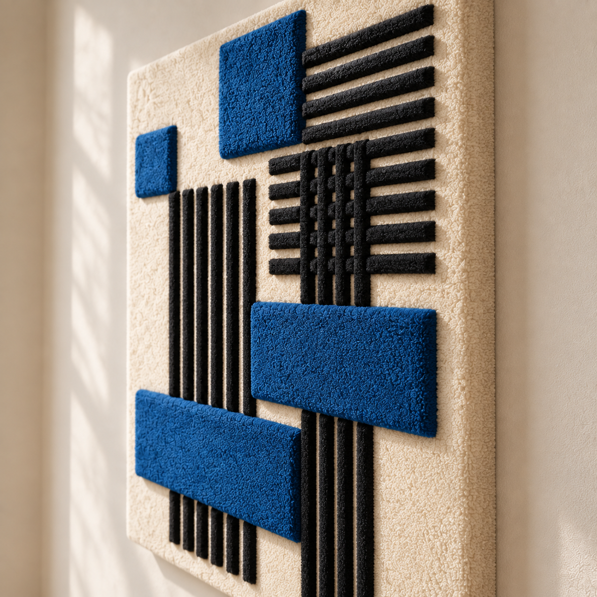 Cobalt Blocks wall art by Hewn Earth featuring vibrant cobalt blocks over black striped background, viewed at an angle.