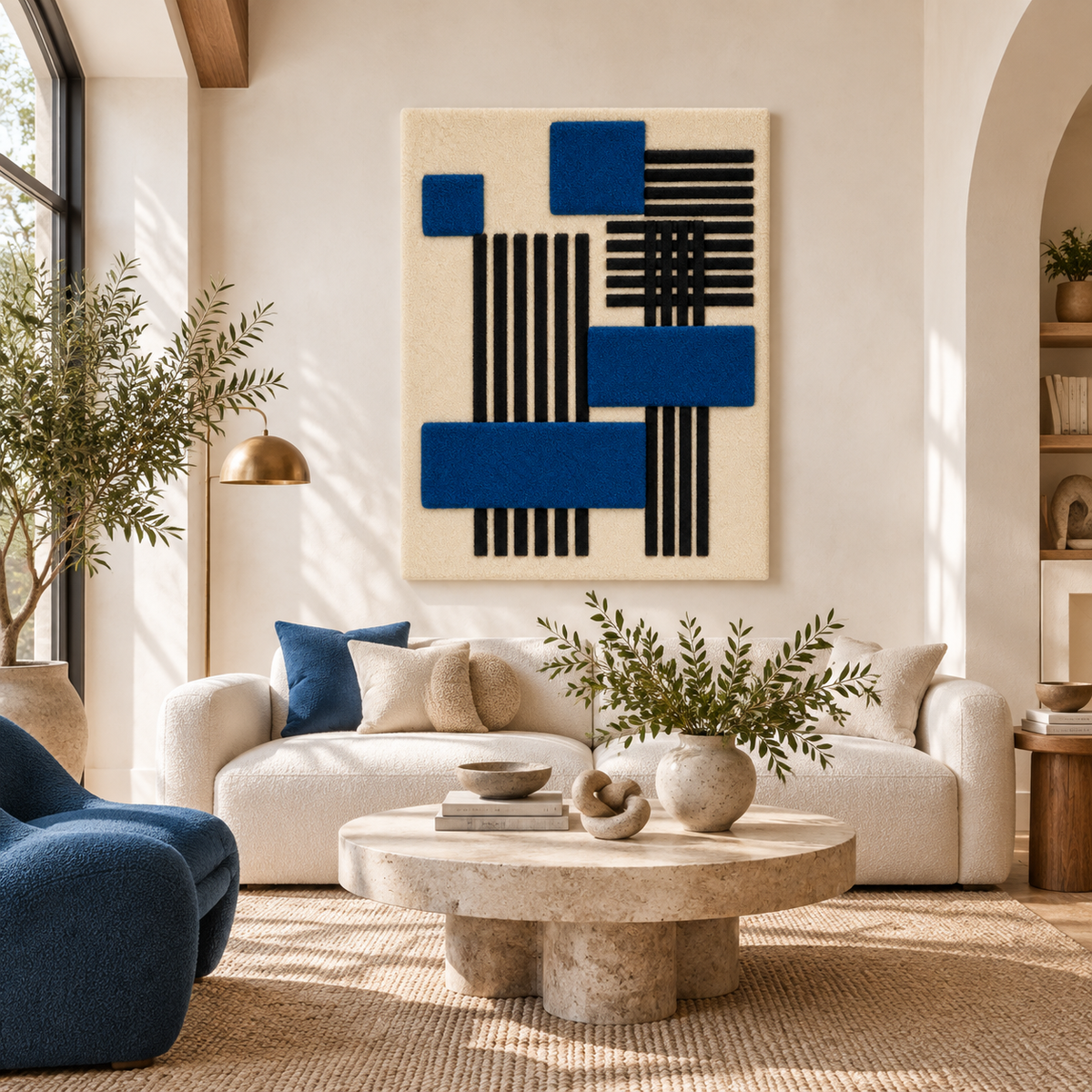 Cobalt Blocks wall art by Hewn Earth featuring vibrant cobalt blue blocks over black stripes, modern geometric design for interior decor.