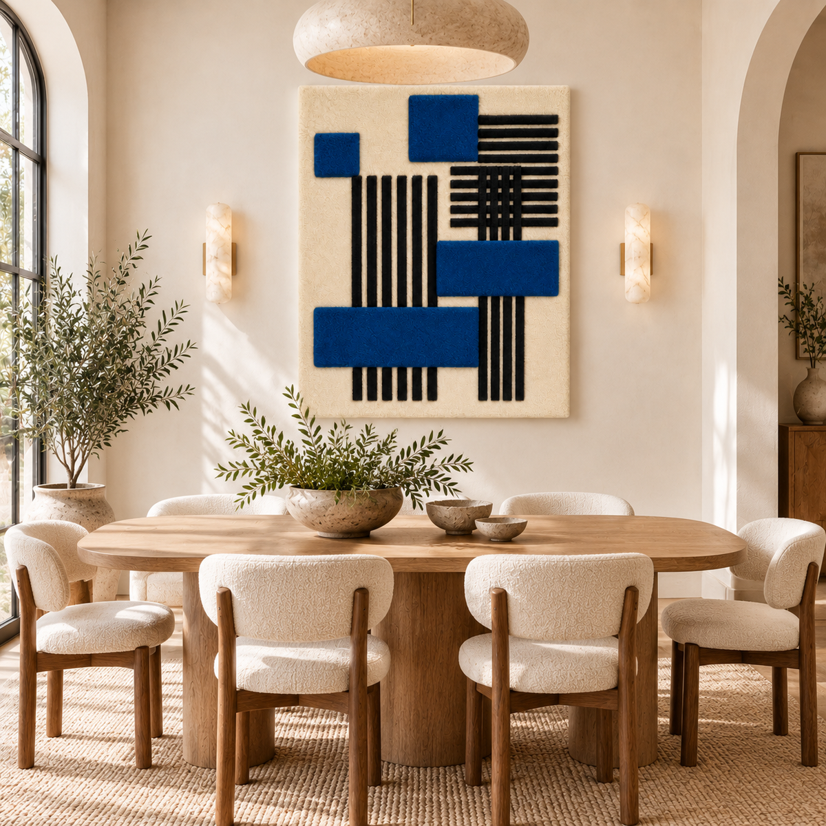 Cobalt Blocks wall art by Hewn Earth featuring geometric cobalt blocks over black striped background.