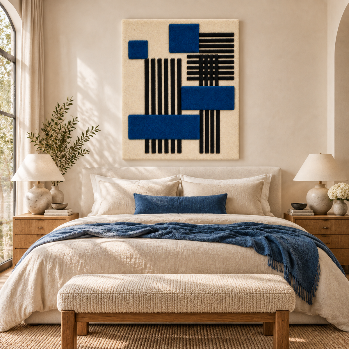 Cobalt Blocks wall art by Hewn Earth featuring vibrant cobalt blue geometric blocks over black striped background, room setting.