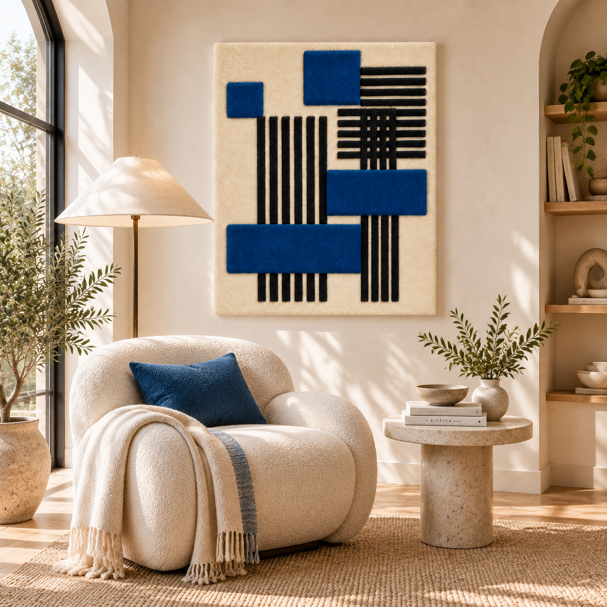 Hewn Earth Cobalt Blocks wall art featuring cobalt blue geometric blocks over black striped background in a modern room setting