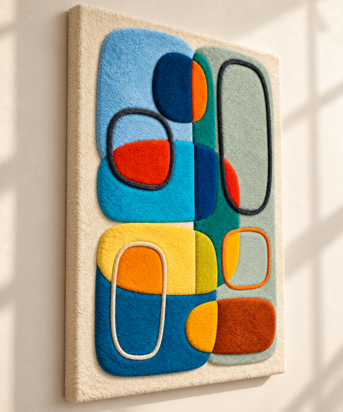 Cobalt Citrus Loop Collage wall art by Hewn Earth featuring vibrant citrus-inspired abstract design on a wall.